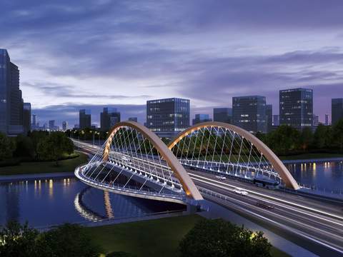  现代廊桥栈道湖边景观psd 