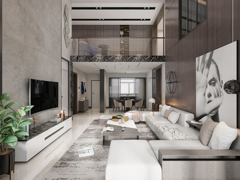  现代别墅高级灰客厅餐厅厨房3d模型 