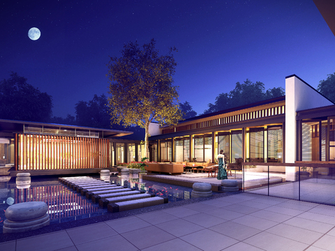  现代酒店内部庭院夜景psd 