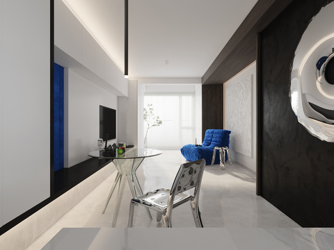  现代简约公寓客厅餐厅3d模型 