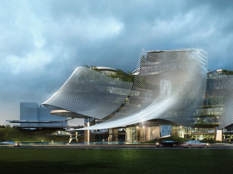  现代办公楼外观夜景psd 