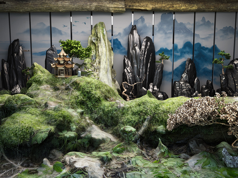  中式假山凉亭景观小品3d模型 