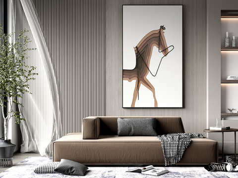  现代客厅棕色沙发组合3d模型下载 艺术装饰画风格化马图案 自然光窗帘书架装饰 