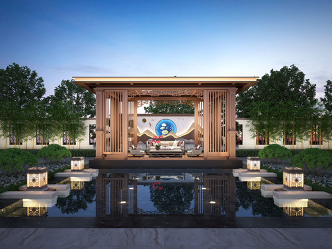  新中式庭院花园夜景3d模型 