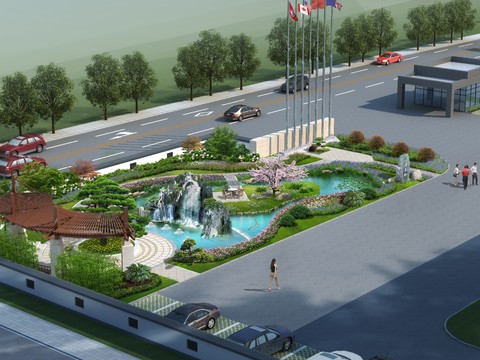  现代公园假山流水景观鸟瞰psd 