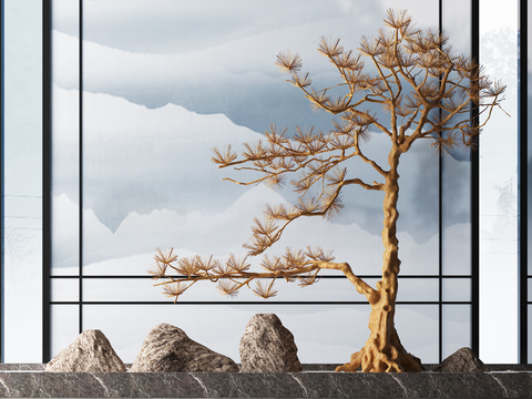  新中式松树假山小品3d模型 