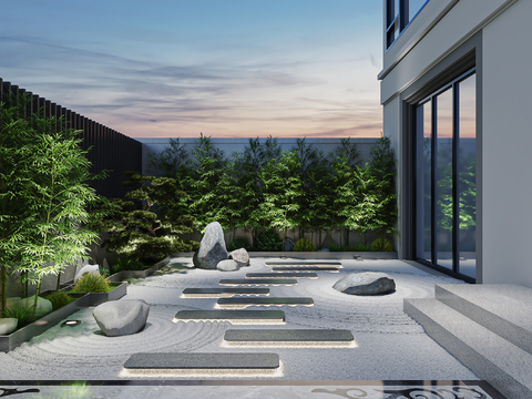  新中式别墅庭院夜景3d模型 