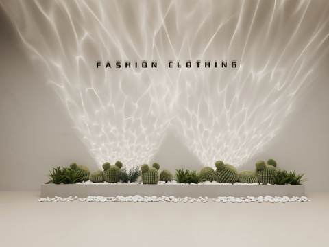  现代极简水波纹洗墙灯3d模型下载 仙人掌绿植装饰时尚展示空间设计 