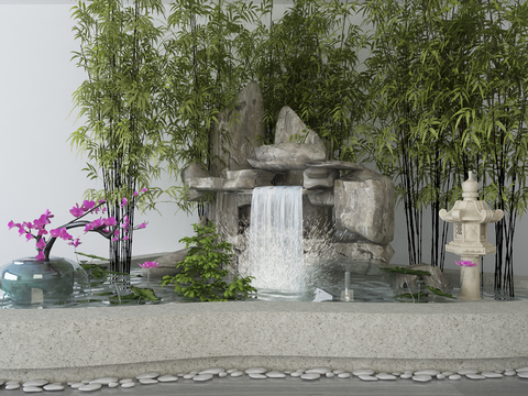  中式假山流水小品3d模型 