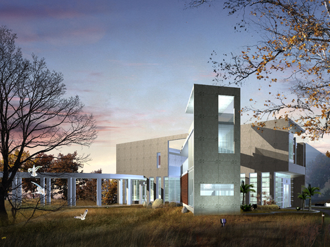  现代别墅外观夜景psd 