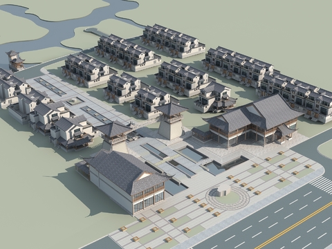  中式古建筑鸟瞰3d模型 