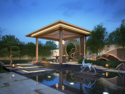  新中式凉亭庭院花园3d模型 