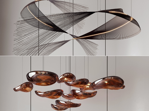  现代艺术吊灯金属线框纤维网环形设计简约客厅卧室装饰灯具3d模型下载 