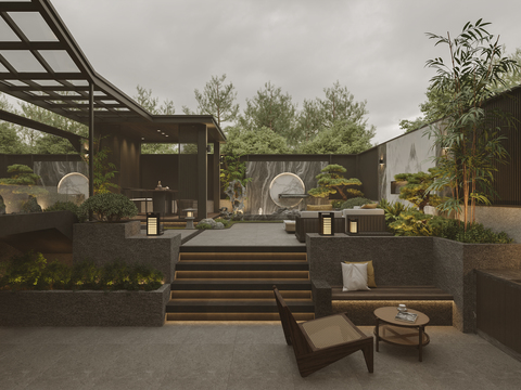  新中式庭院 后花园3d模型 