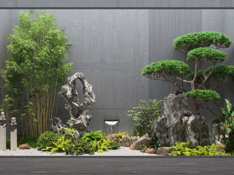  竹子松树假石苔藓植物造景3d模型 