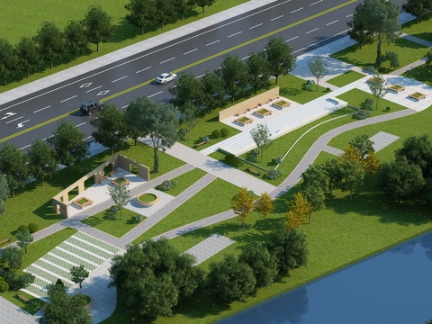  现代公园广场鸟瞰3d模型 