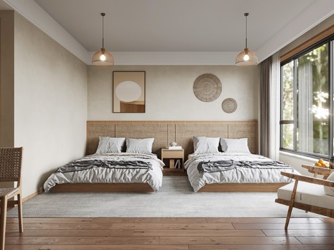  侘寂风民宿 双床房3d模型 