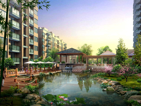  现代河道公园廊桥景观psd 