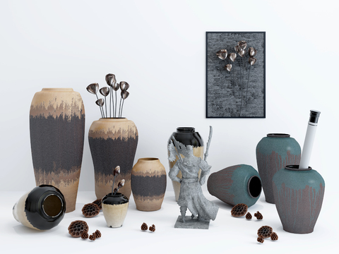  新中式瓦罐摆件3d模型 