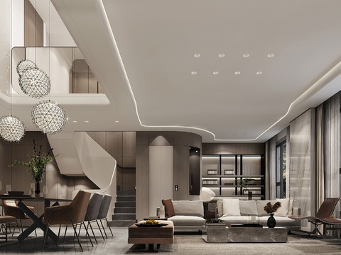  现代轻奢别墅客餐厅3d模型 