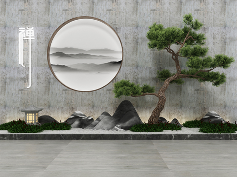  新中式禅意松树假山景观小品3d模型 