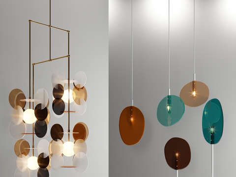  现代工业风玻璃吊灯台灯组合3d模型下载 透明棕色圆形灯罩 金属框架室内装饰灯具 