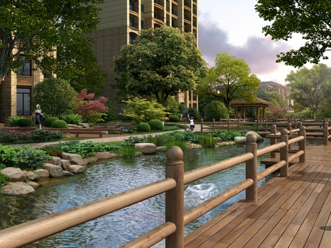  湖边栈道廊桥psd 