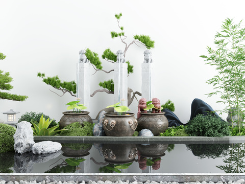  新中式荷花缸水景小品3d模型 