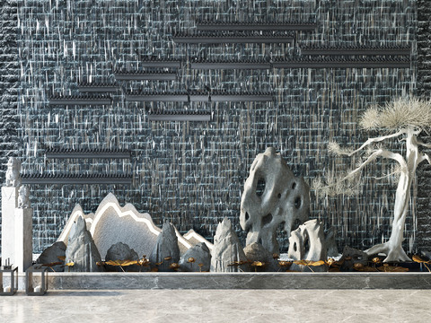  新中式假山松树荷花池小品3d模型 