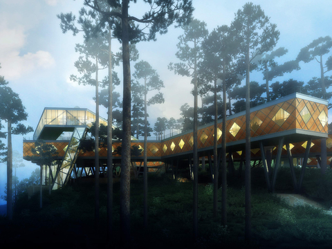  现代山地酒店外观夜景psd 