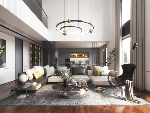  现代别墅客厅餐厅3d模型 