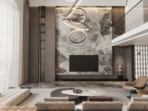  现代复式别墅客厅餐厅3d模型 