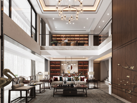  新中式挑空别墅客厅餐厅3d模型 