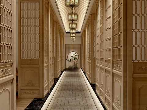  新中式茶楼走廊过道3d模型 