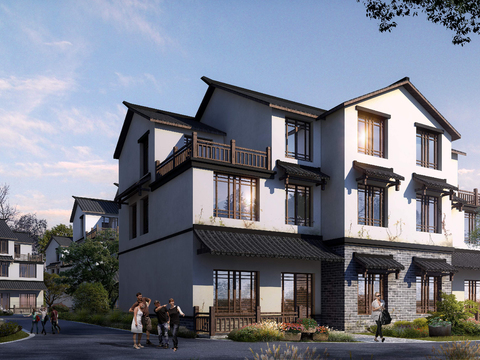  新中式别墅外观psd 