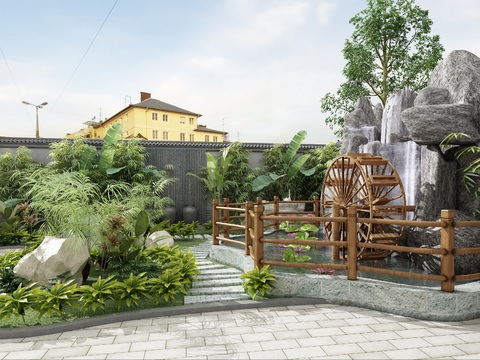  新中式庭院假山园林景观3d模型 