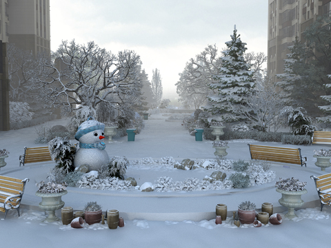  现代小区园林雪景3d模型 