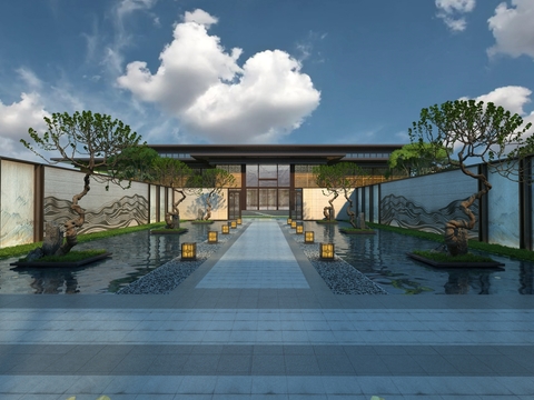  新中式庭院园林景观3d模型 