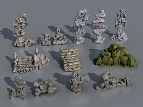  现代假山石头3d模型 