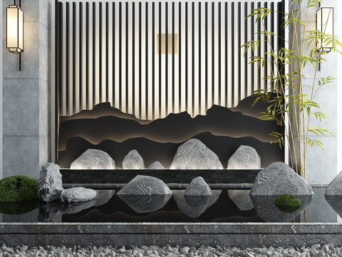  新中式禅意山石竹子水景小品3d模型 