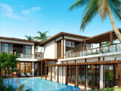 新中式民宿室外游泳池3d模型