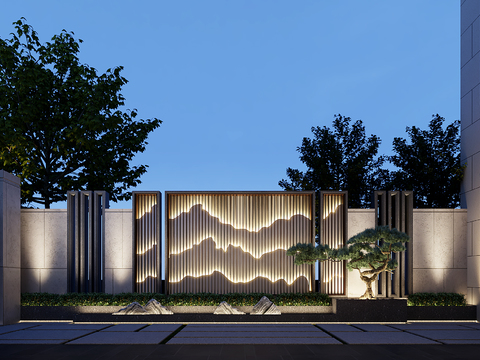  新中式别墅花园庭院夜景3d模型 