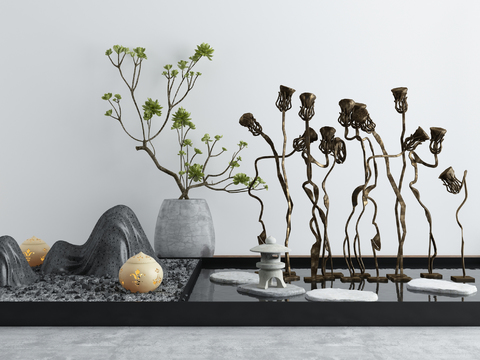  新中式庭院水景枯山水石禅意3d模型 