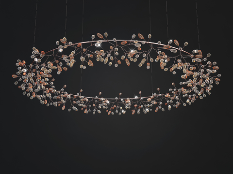  现代环形水晶吊灯3d模型下载 金属框架自然枝叶装饰 客厅餐厅 