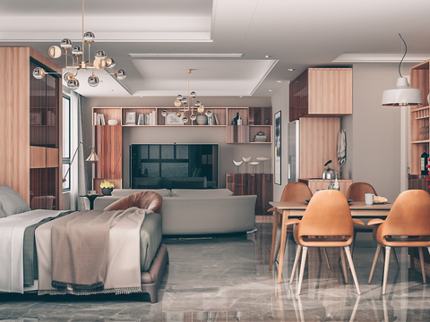  现代单身公寓客厅卧室3D模型 