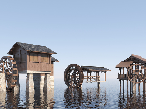  中式水车房 水车轮 水车磨坊3d模型 