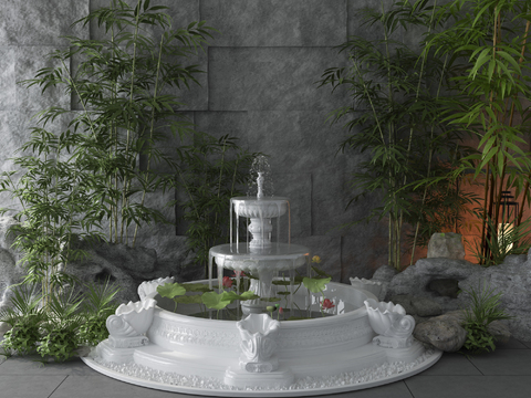  新中式喷泉水景竹子景观小品3d模型 