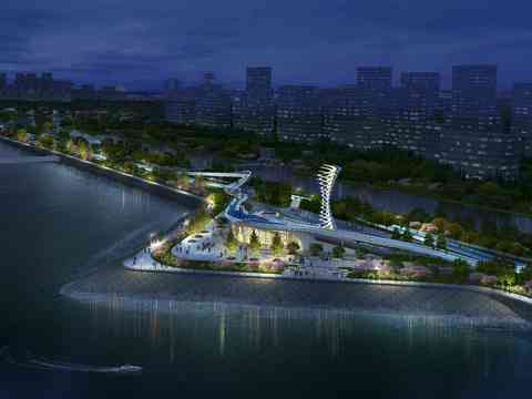  现代园林景观夜景鸟瞰psd 