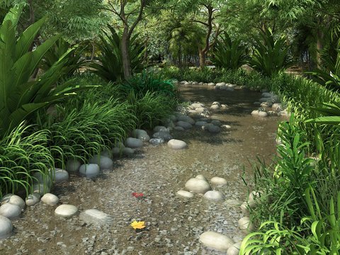  现代山林溪流景观3d模型 