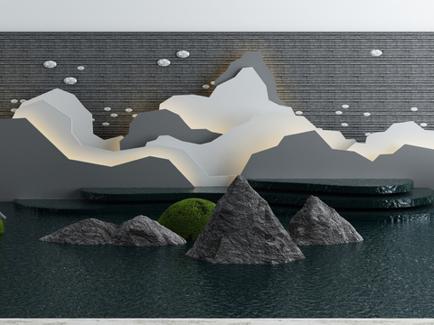  新中式假山灌木水景3d模型 